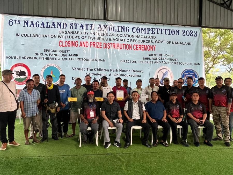 Advisor A Pangjung Jamir along with the members of Angling Association of Nagaland and the winners of the 6th Nagaland State Angling competition held in Noune resort, Chümoukedima July 29. (Morung Photo)
